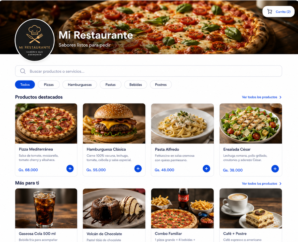 Catálogo de comidas con platos, descripciones y precios