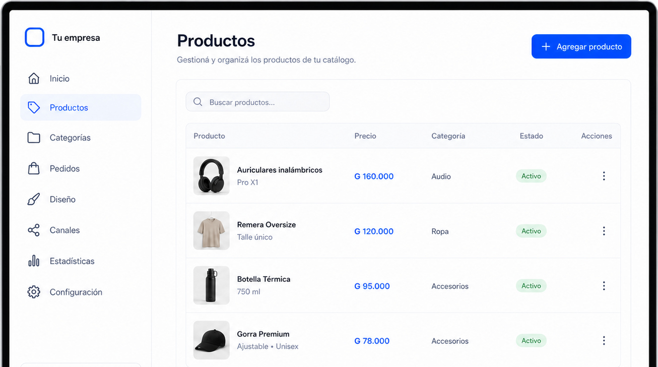 Panel de administración de Catálogo Digital con productos, precios, categorías y estado