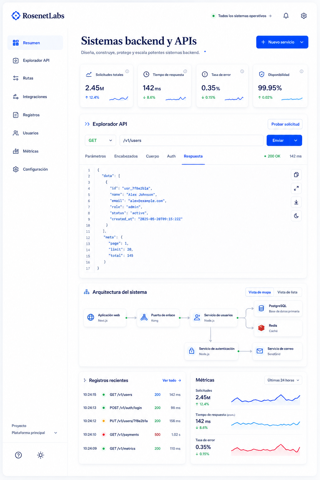 Visual del servicio de backend y APIs