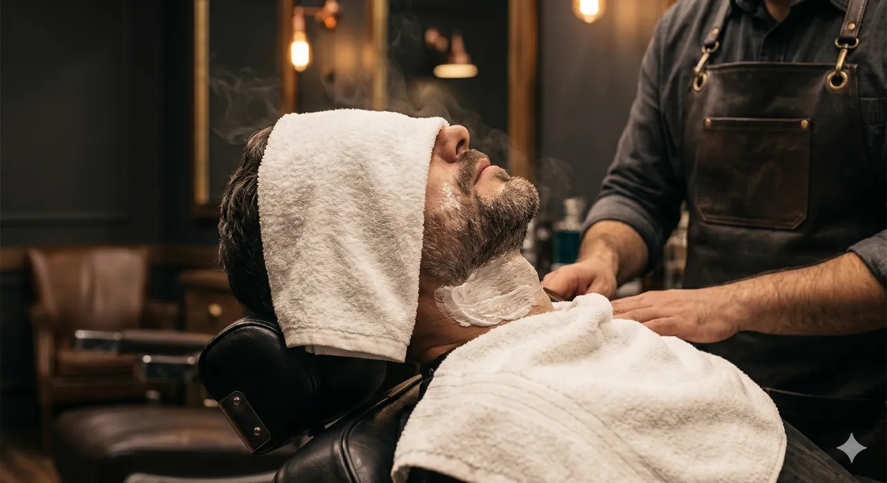 Classic straight-razor shave in progress