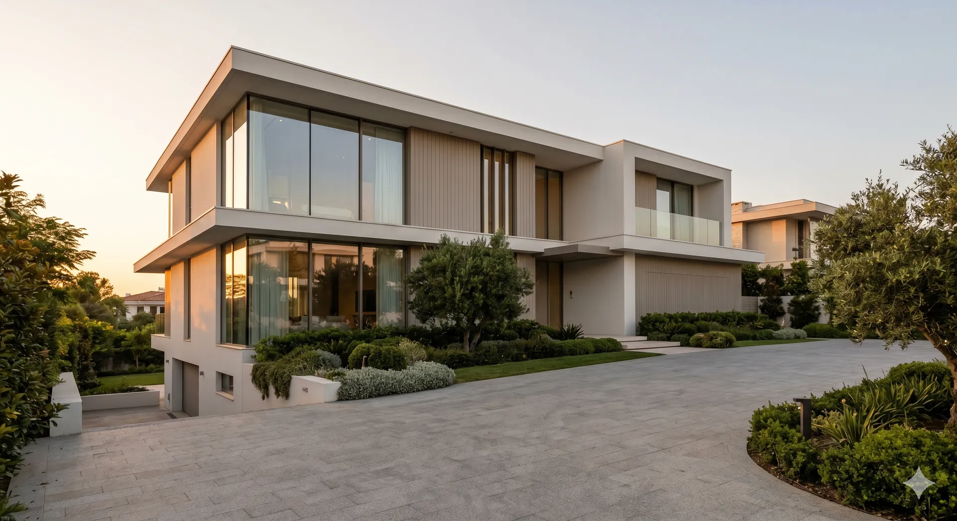 Luxury contemporary house at golden hour