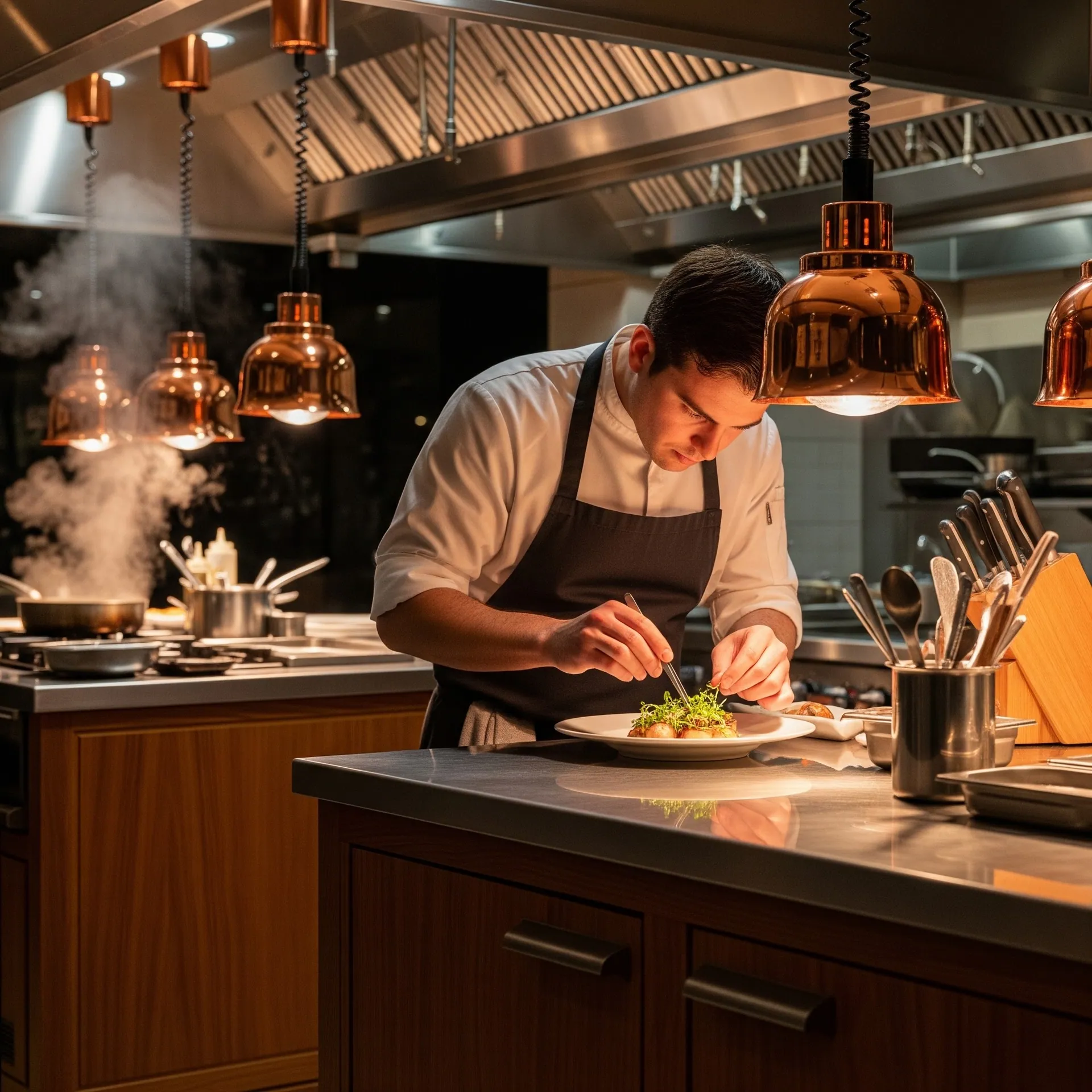 Executive chef plating in the Lumière kitchen