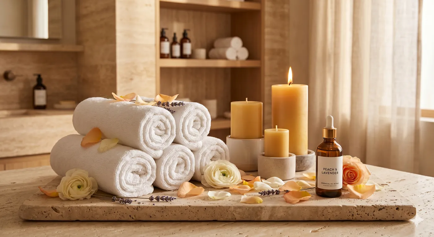 Rolled towels, candles and oils