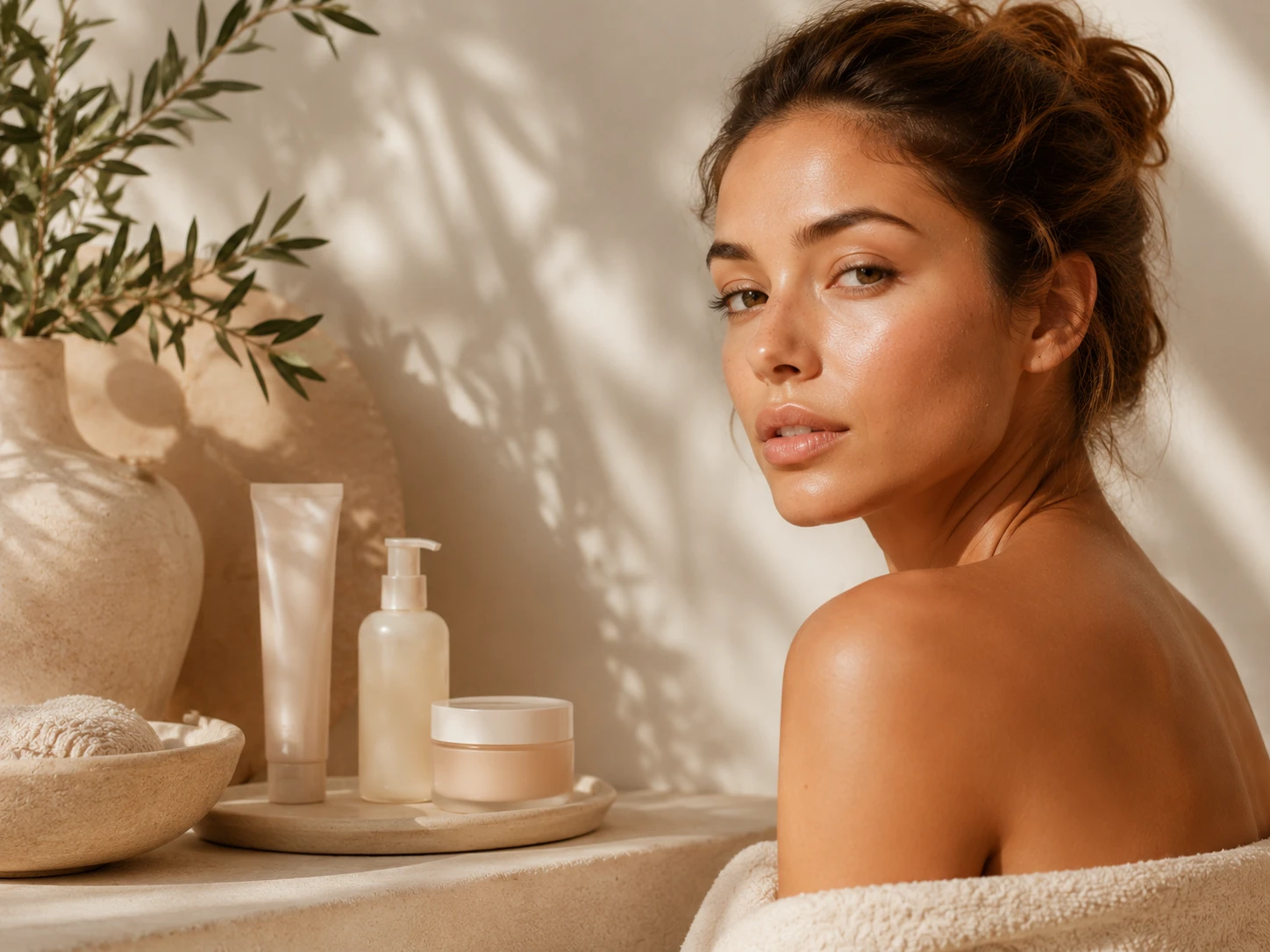 Editorial skincare portrait in soft studio light