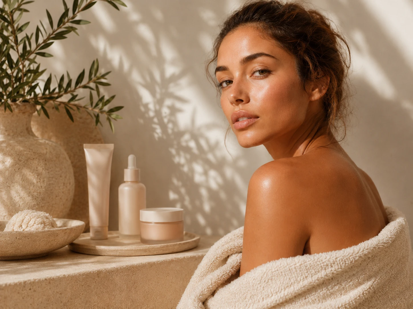 Model with calm, glowing skin in soft natural light